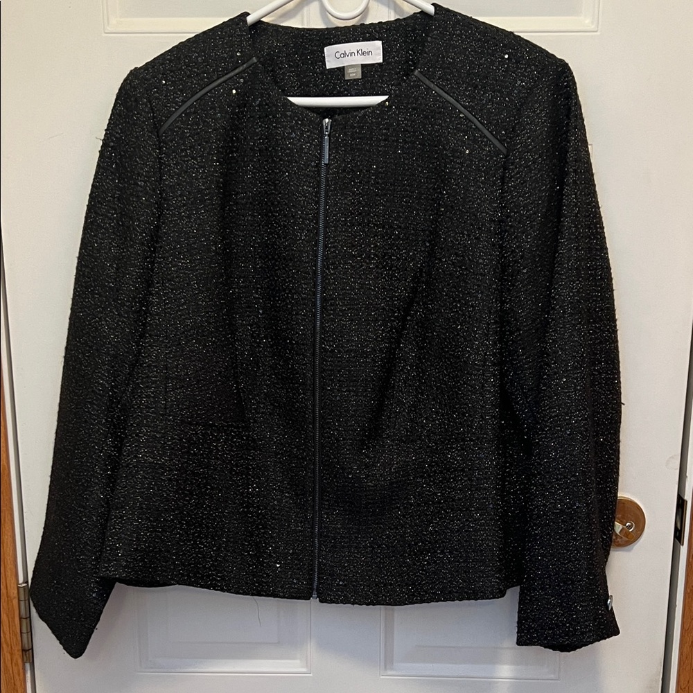 Calvin Klein Sparkly Black Zippered Jacket with Faux Leather Trim. Size 20W